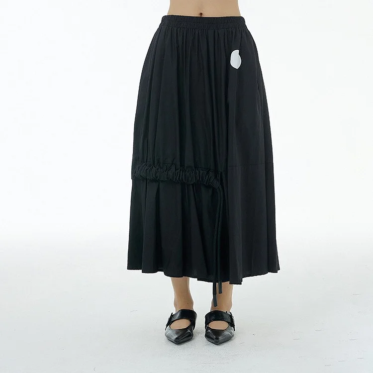 Casual Solid Color Pleated Back Patchwork Drawstring Pockets Skirt