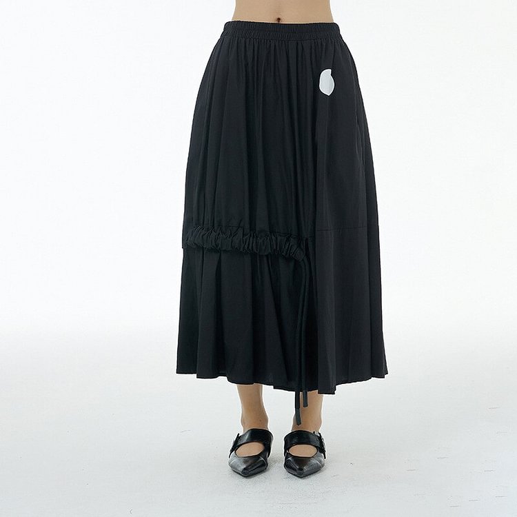 3.31Casual Solid Color Pleated Back Patchwork Drawstring Pockets Skirt
