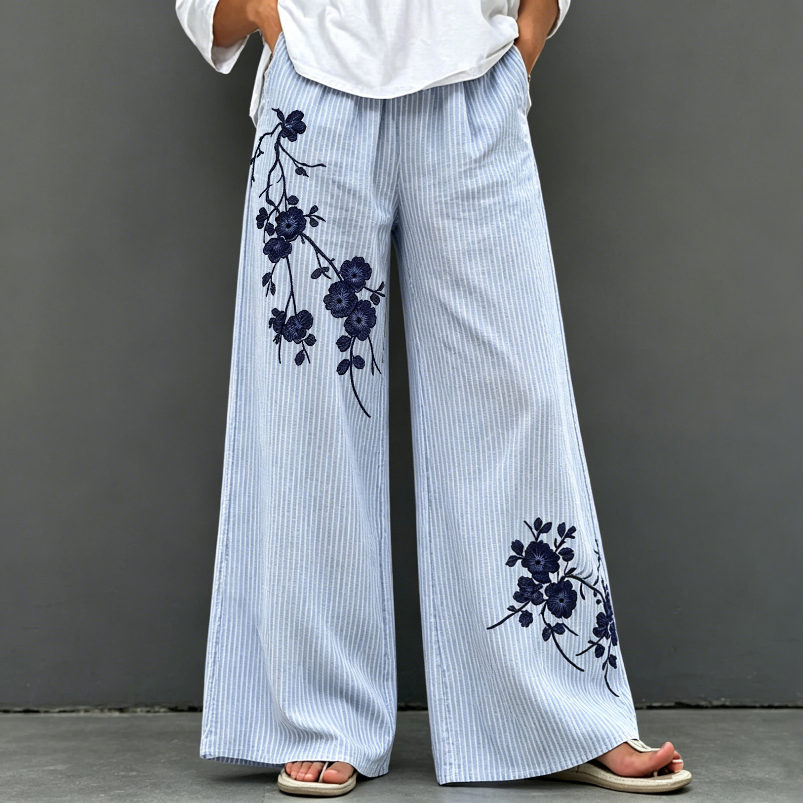 Comstylish Vintage Plum Bossom With Stripe Art Casual Pants