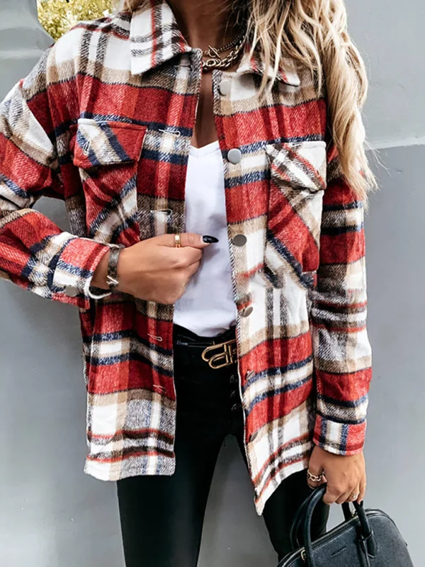 Women's Check Print Long Sleeve Casual Jacket Flusfy