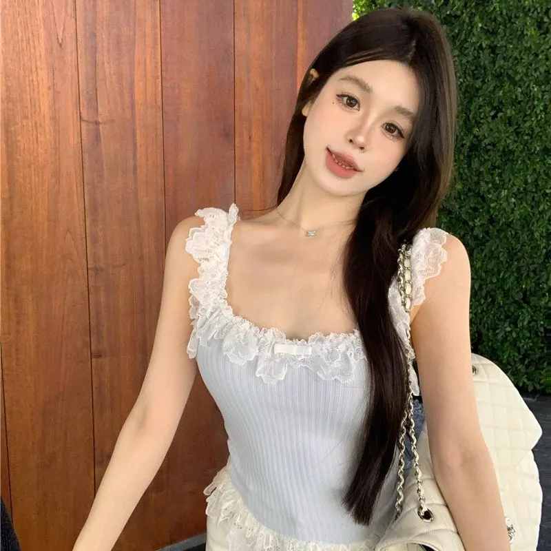 Uveng Uveng Lace Lace Sleeveless Knitted Sling Vest Summer Pure Hot Girl Repair Short Coat Wear