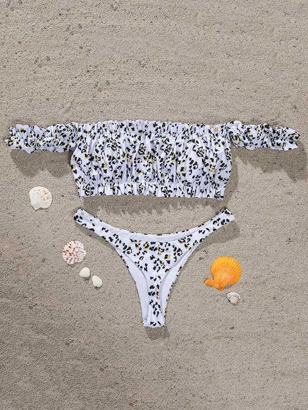 Leopard Print Off-The-Shoulder Bubble Sleeves Split Bikini Swimsuit
