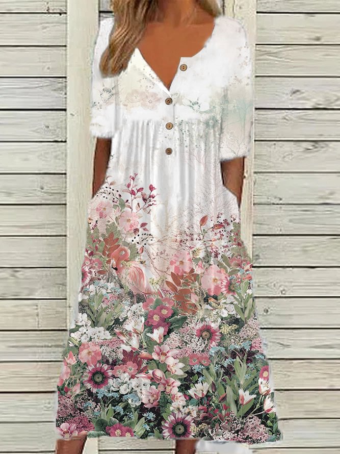 Printed V-neck Short-Sleeved Dress