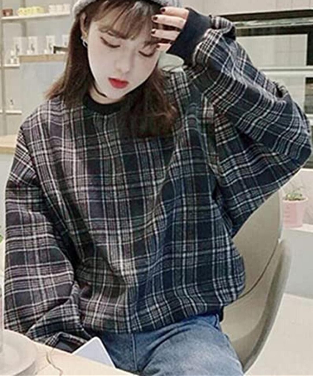 Alhyla レディース パーカー スウェット 春 秋 冬 長袖 カジュアル ゆったり 韓国 ファッション おしゃれ スウェット Bf風 原宿系 チェック柄 トップス L グレー