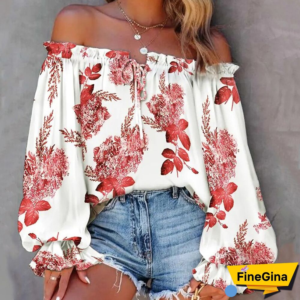Women Casual Loose Off Shoulder Blouse Vintage Boho Print Blouses Ladies Sexy One Word Collar Lantern Sleeve Hollow Pullover Top