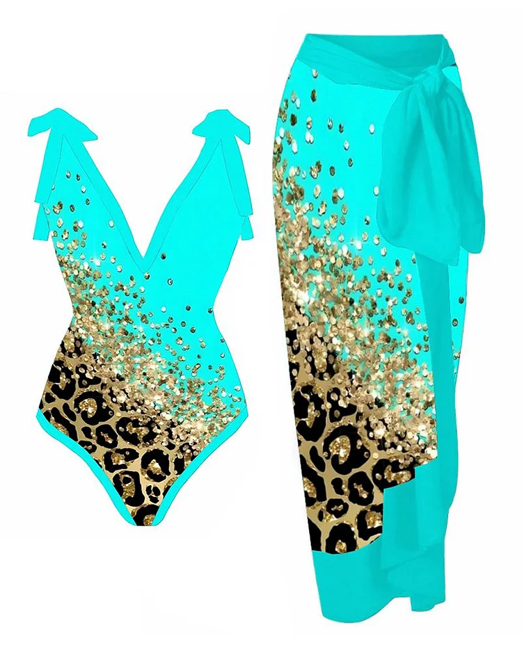 Contrast Leopard Print Plunge One Piece Swimsuit With Cover Up