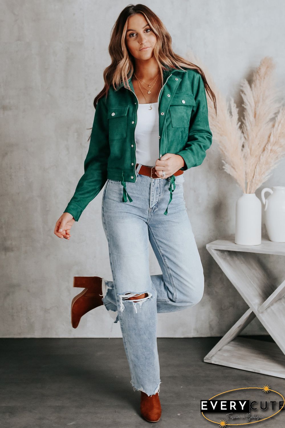 Green Faux Suede Button Down Cropped Jacket