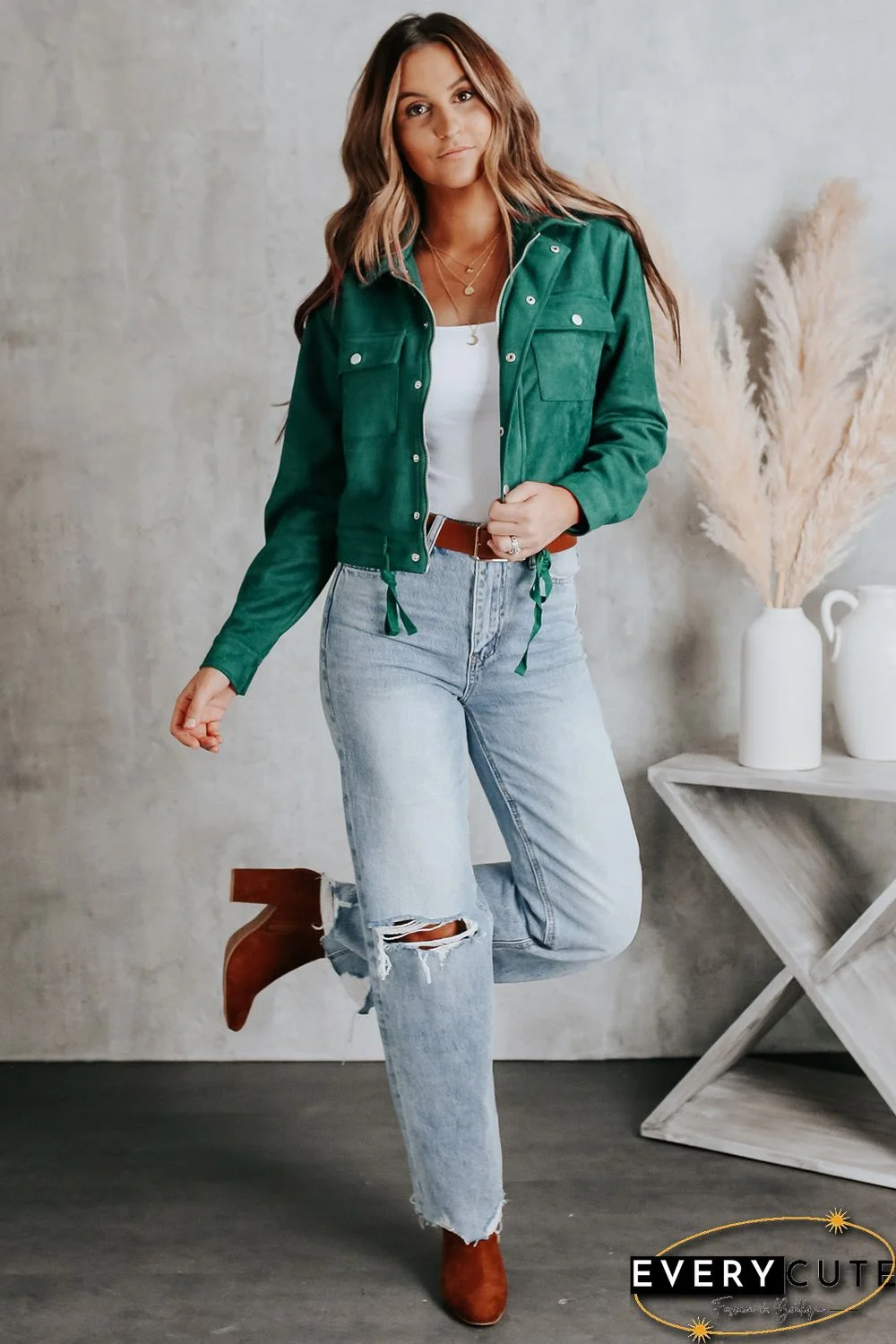Green Faux Suede Button Down Cropped Jacket
