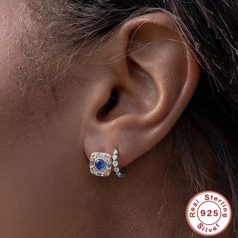 1 Pair 925 Sterling Silver Zircon Round Hoop Earrings