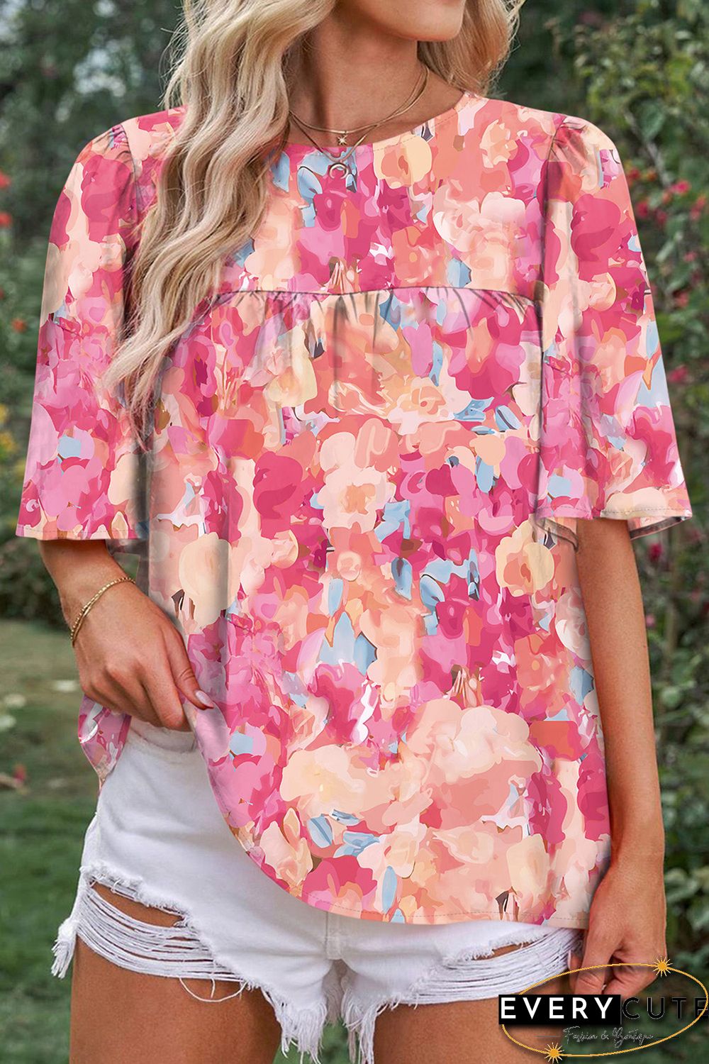 Pink Red Floral Print Wide Sleeve Blouse