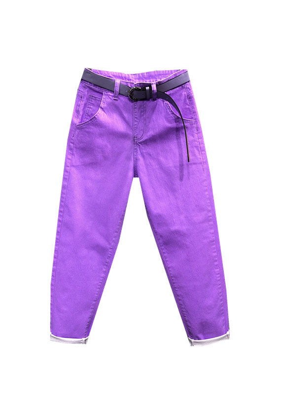 FineGina Novelty Purple Pockets Patchwork Sashes Crop Pants Fall