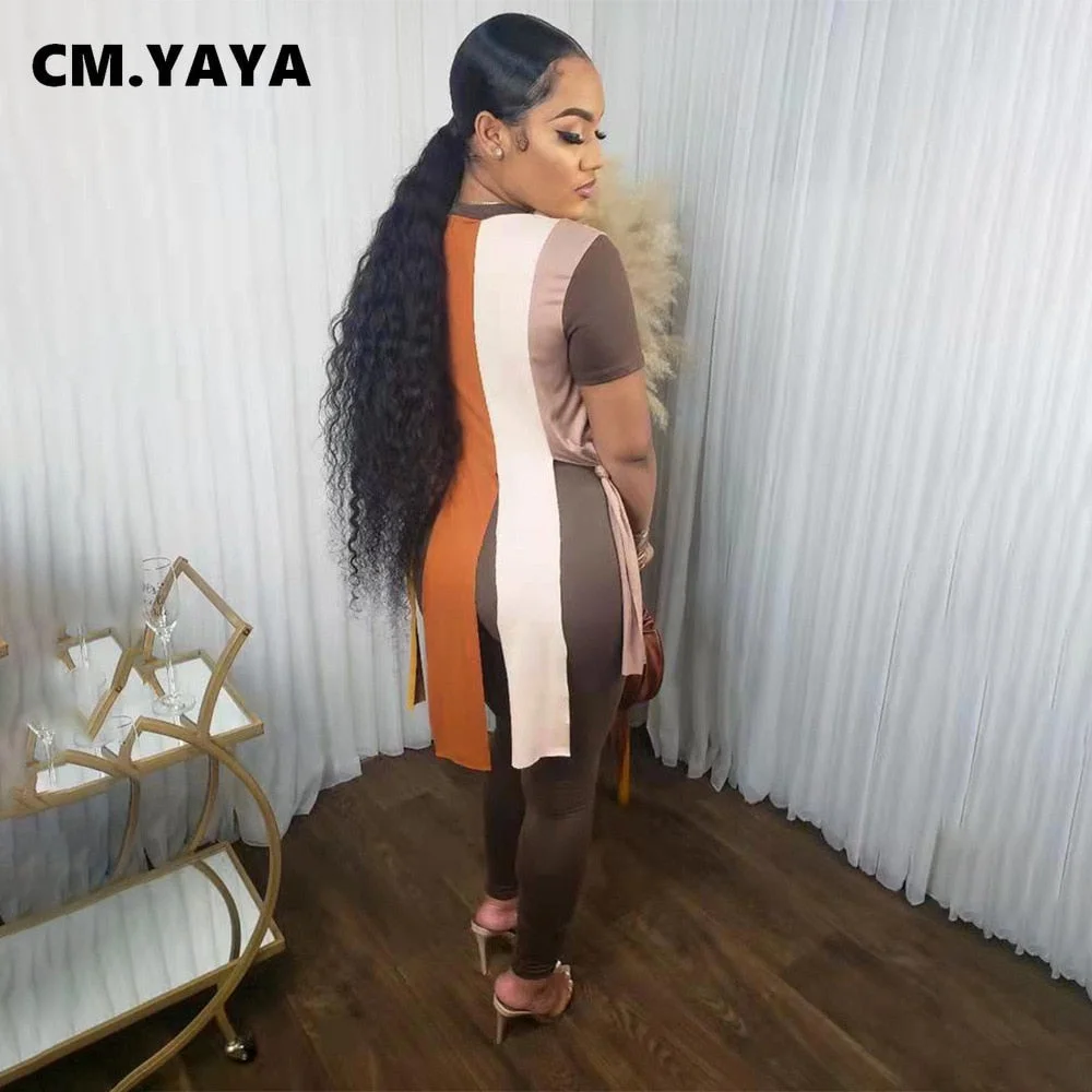 CM.YAYA Streetwear Women Set Rainbow Striped Short Sleeve Tee and Pants Suit Sweatsuit Tracksuit Two Piece Set Fitness Outfit