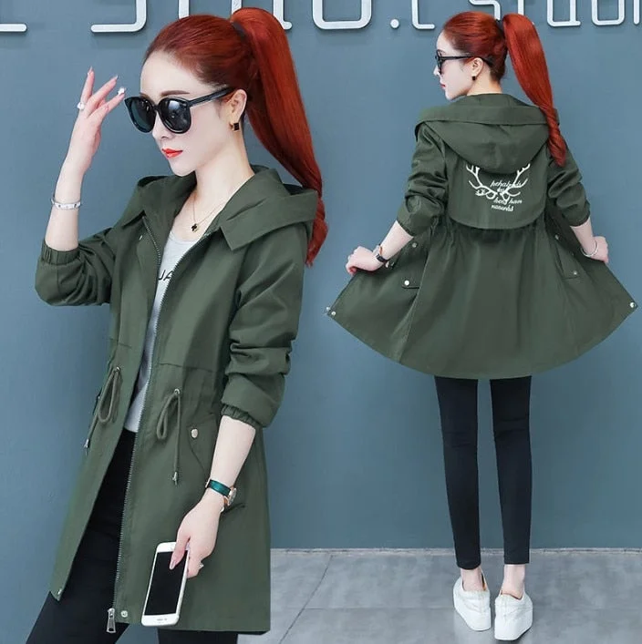 Women's Trench Coat 2021 Autumn New Drawstring Hooded Mid Long Overcoat Plus Size 5XL Female Windbreaker Basic Coats Casual Tops