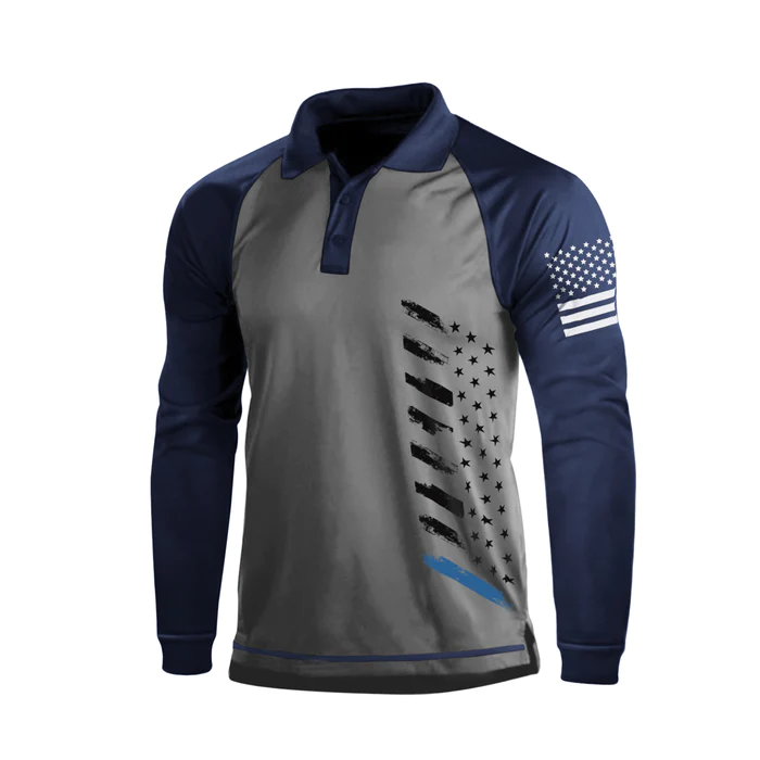USA FLAG GRAPHIC 1/4 BUTTON RAGLAN LONG SLEEVE POLO SHIRT