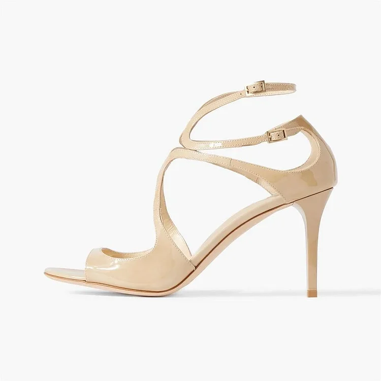 Custom Made Nude Patent Leather Strappy High Heels Sandals |FSJ Shoes