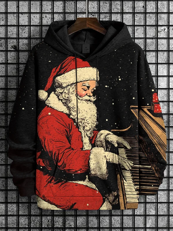 Men's Santa Playing Piano Art Print Hooded Sweatshirt