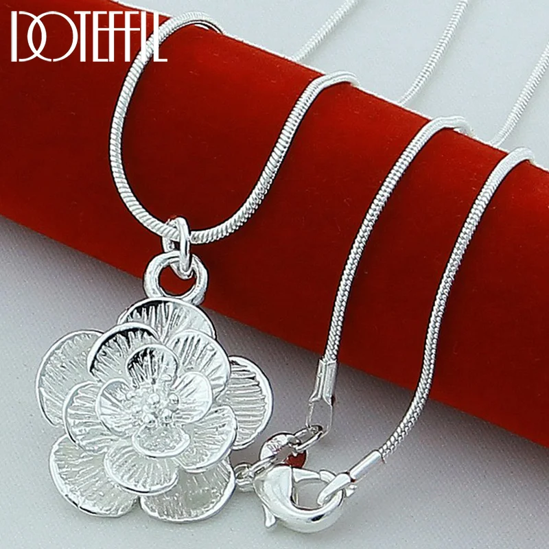 DOTEFFIL 925 Sterling Silver Rose Flower Pendant Necklace 18/20-24/26/30 Inch Snake Chain For Women Jewelry