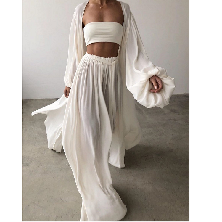 Ladies Fashion Flare Sleeve Jacket Skirt Three-piece Set