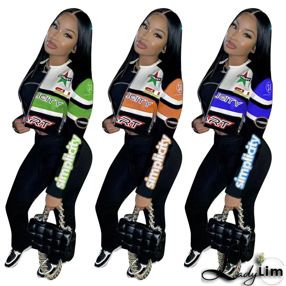 Women Round Neck Letter Print Long Sleeve Jacket