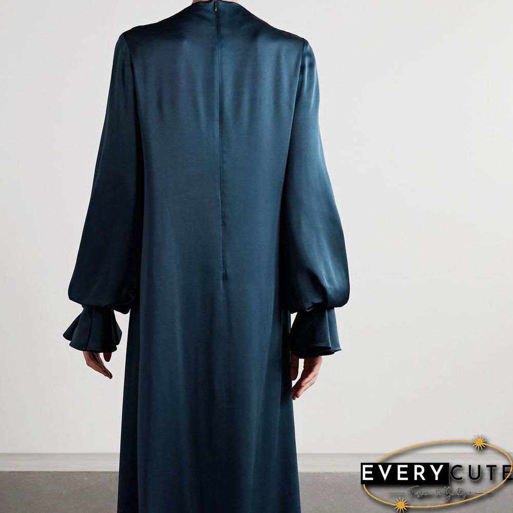 Navy-Blue Silky Women Puff Sleeve Formal Dress