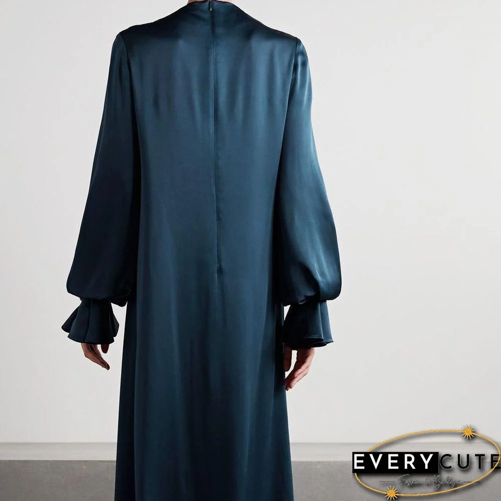 Navy-Blue Silky Women Puff Sleeve Formal Dress