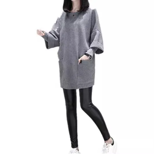 Uveng Uveng Autumn / Winter New Plus Size Women's Fat MM Loose Splicing Long Sleeve Coat Long Solid Color Top Round Collar Hoodie
