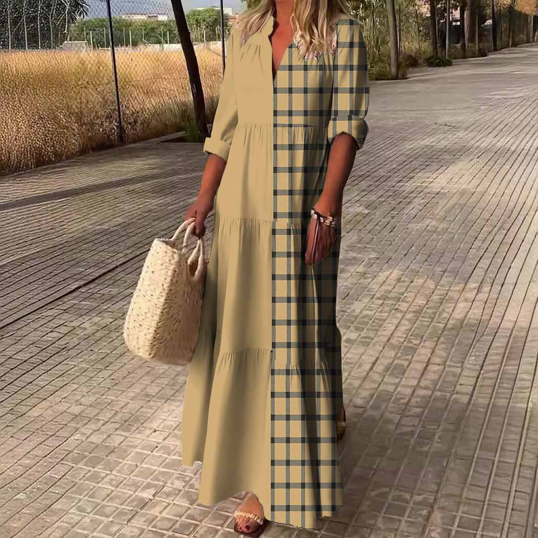 Women Checkered,Khaki,Black DZDN0308 SPU Printed Long Sleeve V-neck Maxi Dress