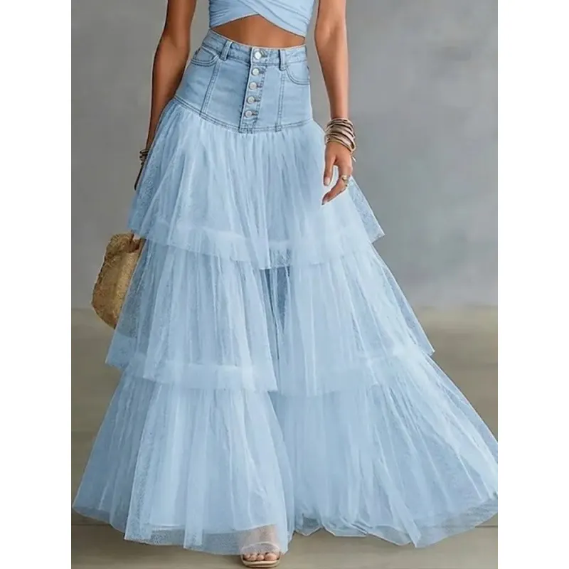 Women High Waist Denim Patchwork Tiered Tulle Maxi Skirt