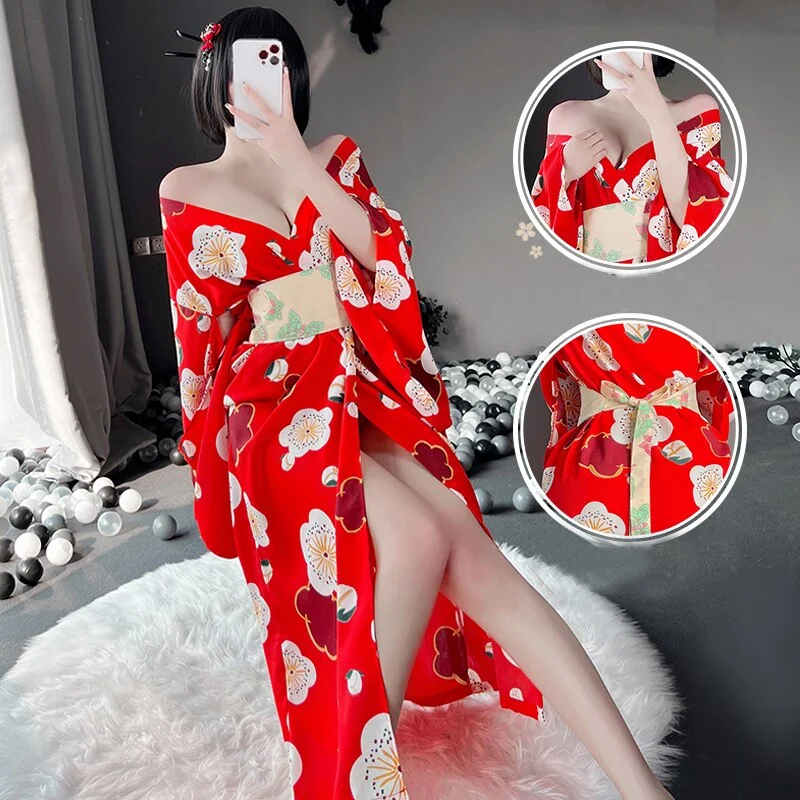 Billionm OJBK Women Kimono Robes Bridal Dressing Oblique V-Neck Floral Silk Satin Long Kimono Bathrobe Women Japanese Traditional Style