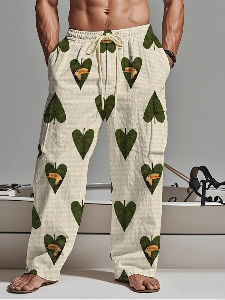 Men's Hawaii Vacation Love Leaf Woodpecker Print Drawstring Waist Casual Sweatpants