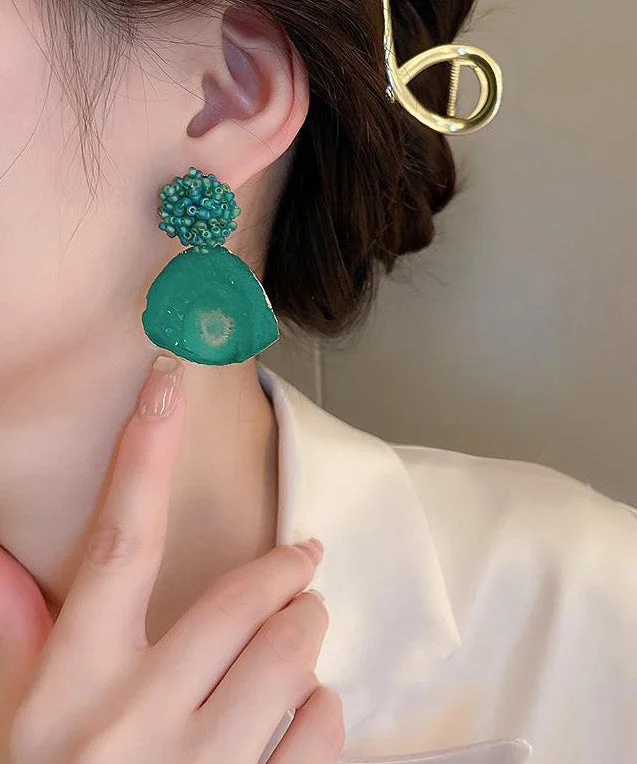 Retro Green Copper Acrylic Rice Beads Drop Earrings