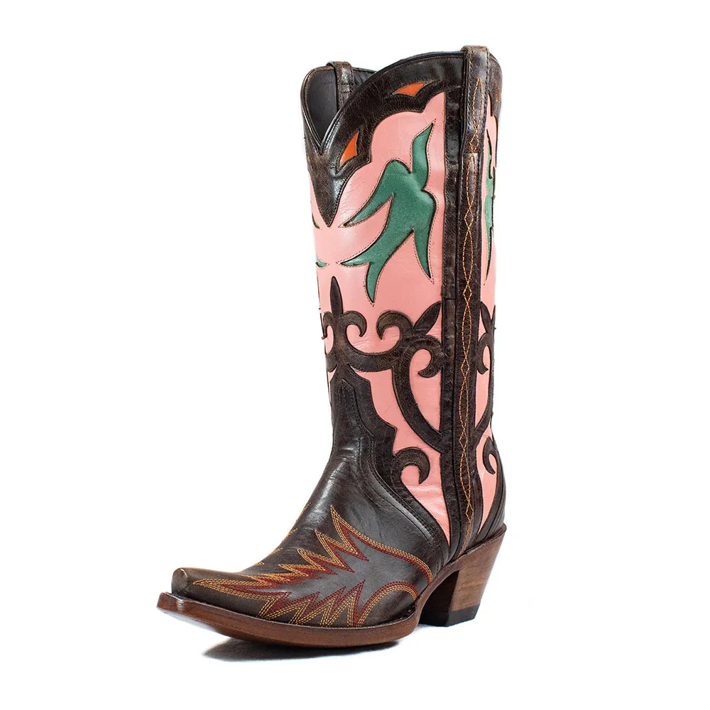 Multicolor Decorative Inlay Chunky Heel Wide Calf Cowgirl Boots