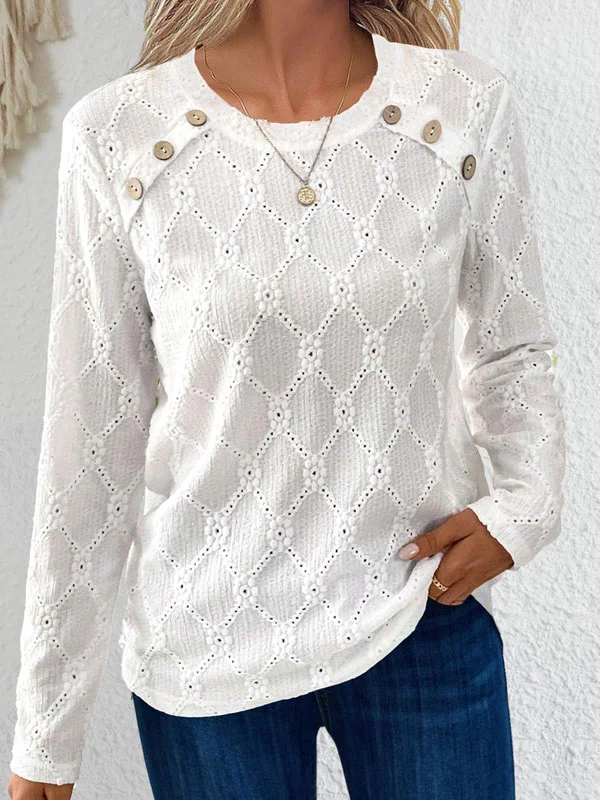 Button White Round Neck Long Sleeve T Shirt