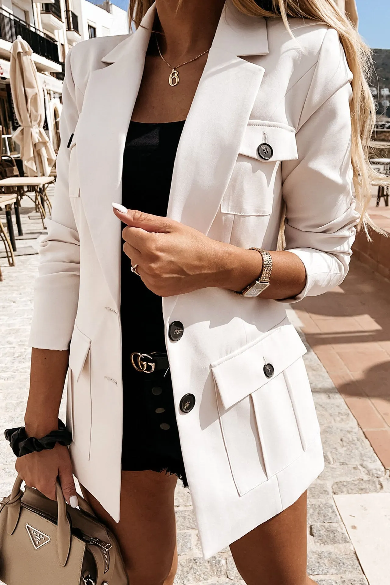 Structured Multi-Pocket Blazer with Pleated Detail
