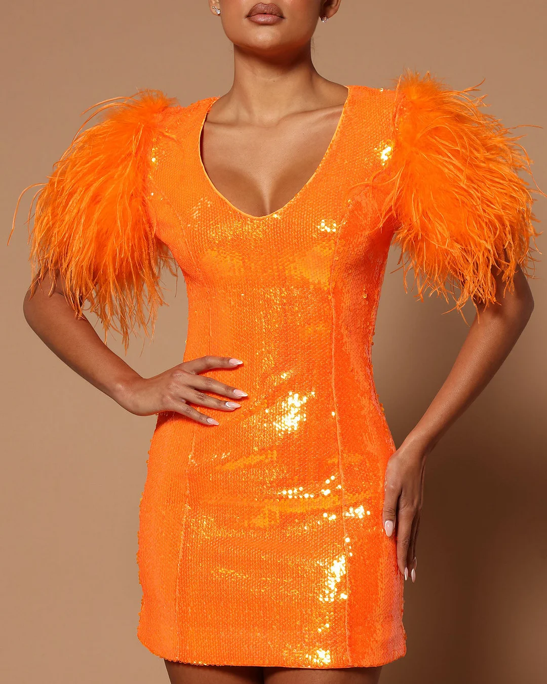Glitter Sequin Multicolored V-Neck Feather Mini Dress