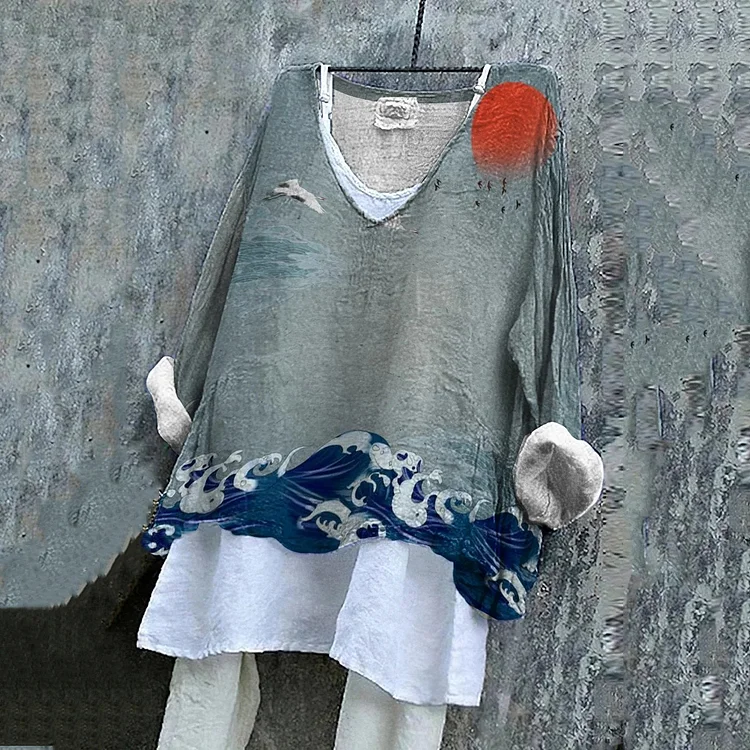 Vintage Japanese Art Sunset Linen V Neck Comfy Shirt