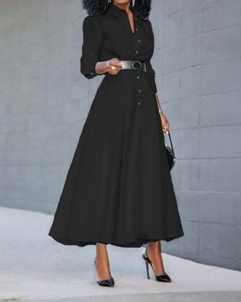 Solid Color Long Sleeve A-Line Dress