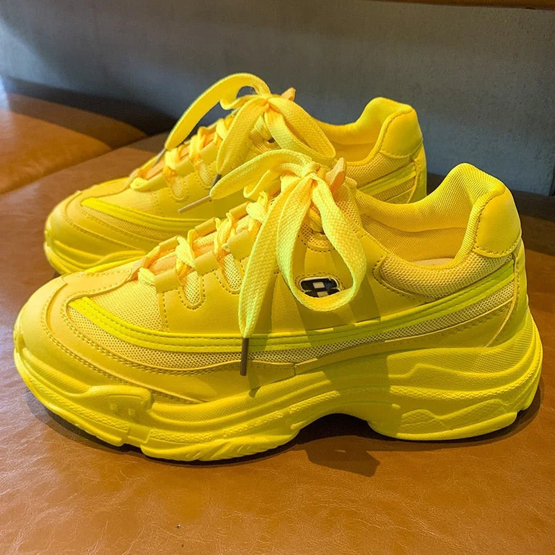 Soft Casual Thick Sneaker Platform Summer Breathable Mesh Women's Shoes Flat Casual Yellow Sports Shoes Female Orange 2020