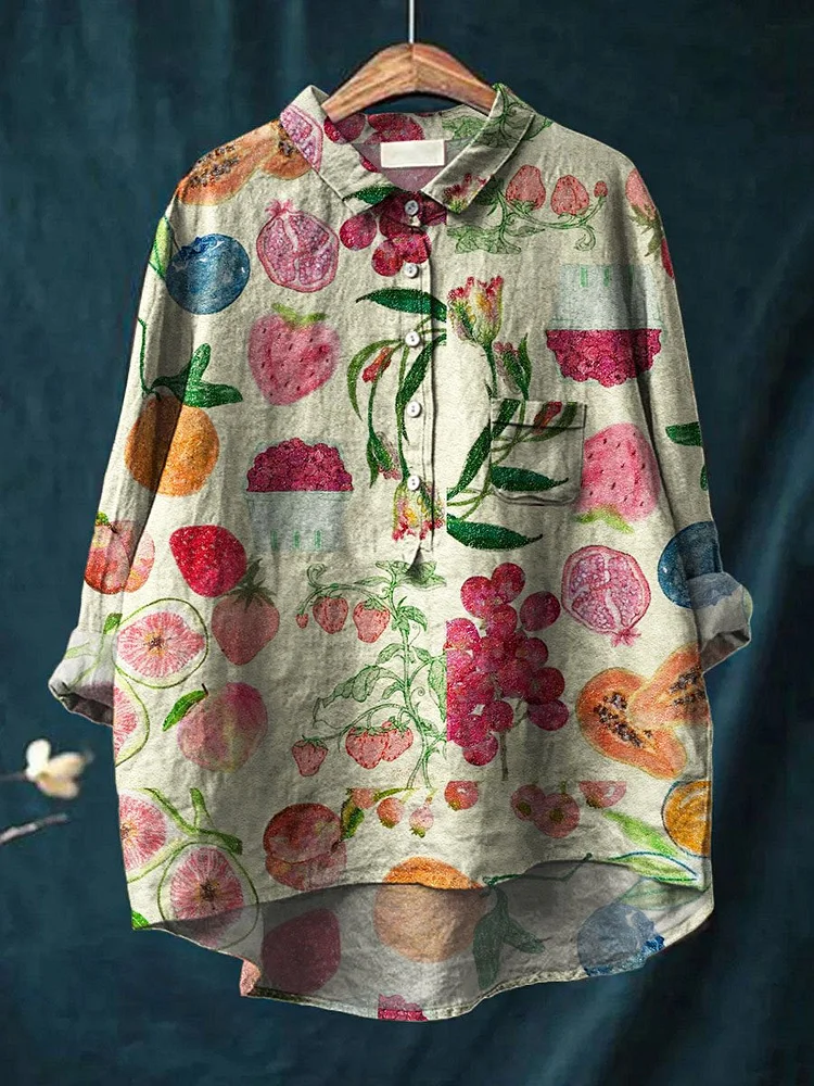 Womens Vintage Fruit Art Print Casual Cotton And Linen Shirt