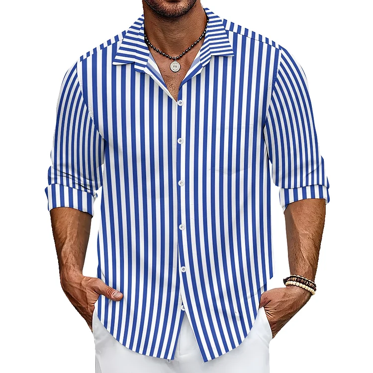 Men Shirt Blue Stripe Checkered Loose Casual Collar Trendy Jacket Shirt
