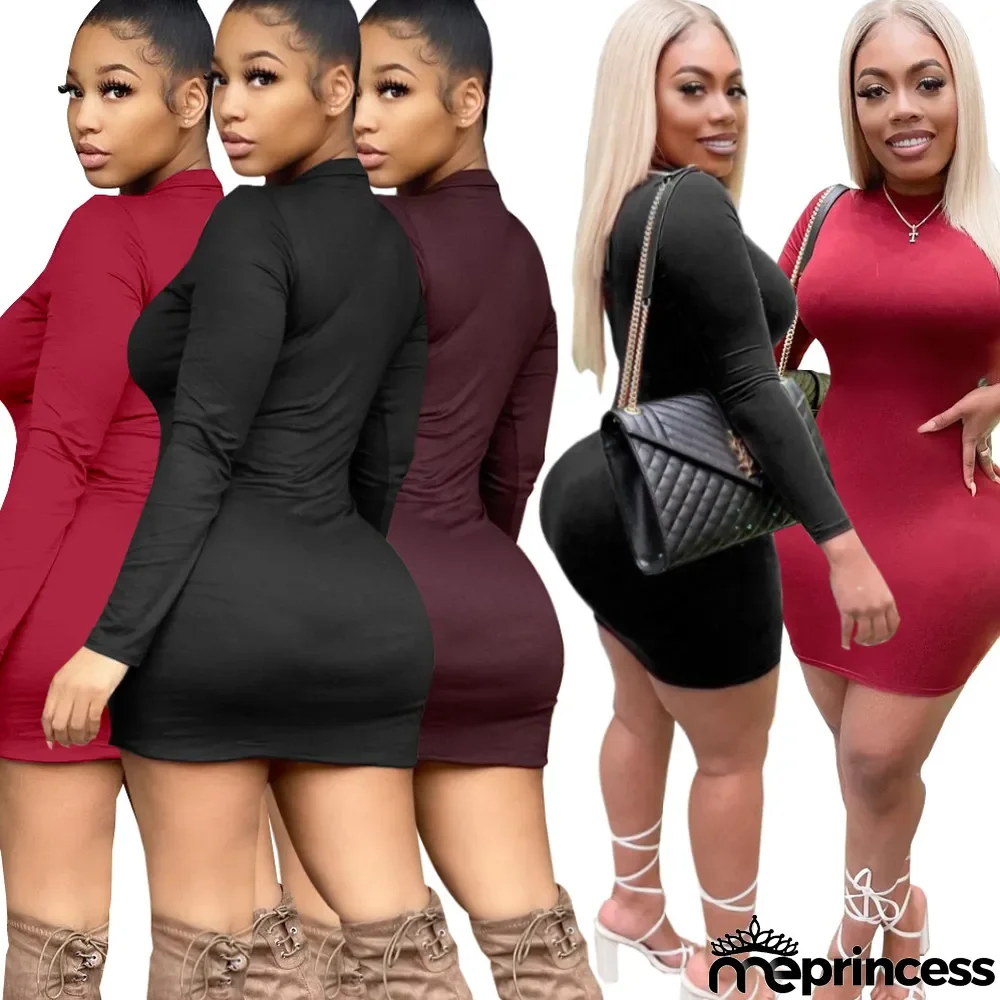 Casual Solid Long Sleeve Slim Mini Dress