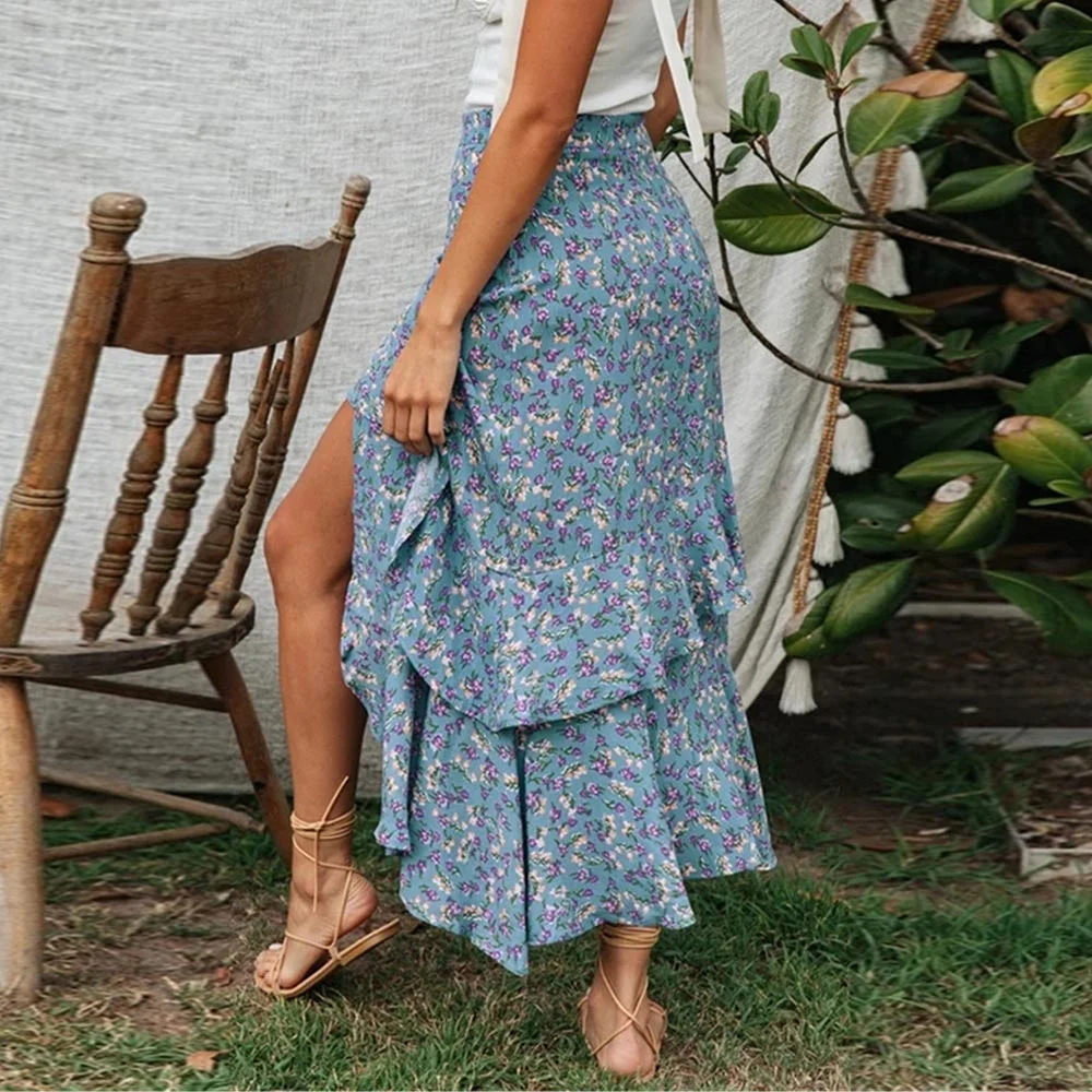 WildPinky Bohemian Black Ruffle Hem Wrap Floral Print Skirts Women Summer Elastic High Waist Ladies Irregular Long Skirt Female
