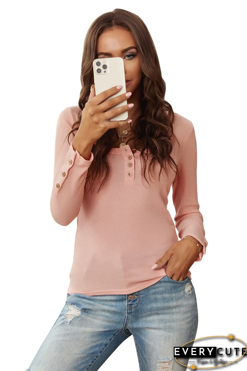 Pink Scoop Neck Button Closure Ribbed Long Sleeve Top