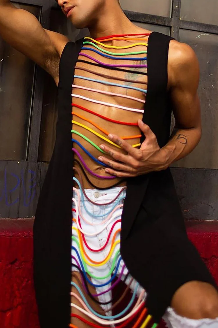 Rainbow Stripe Hollow Out Stitching Long Tank Top