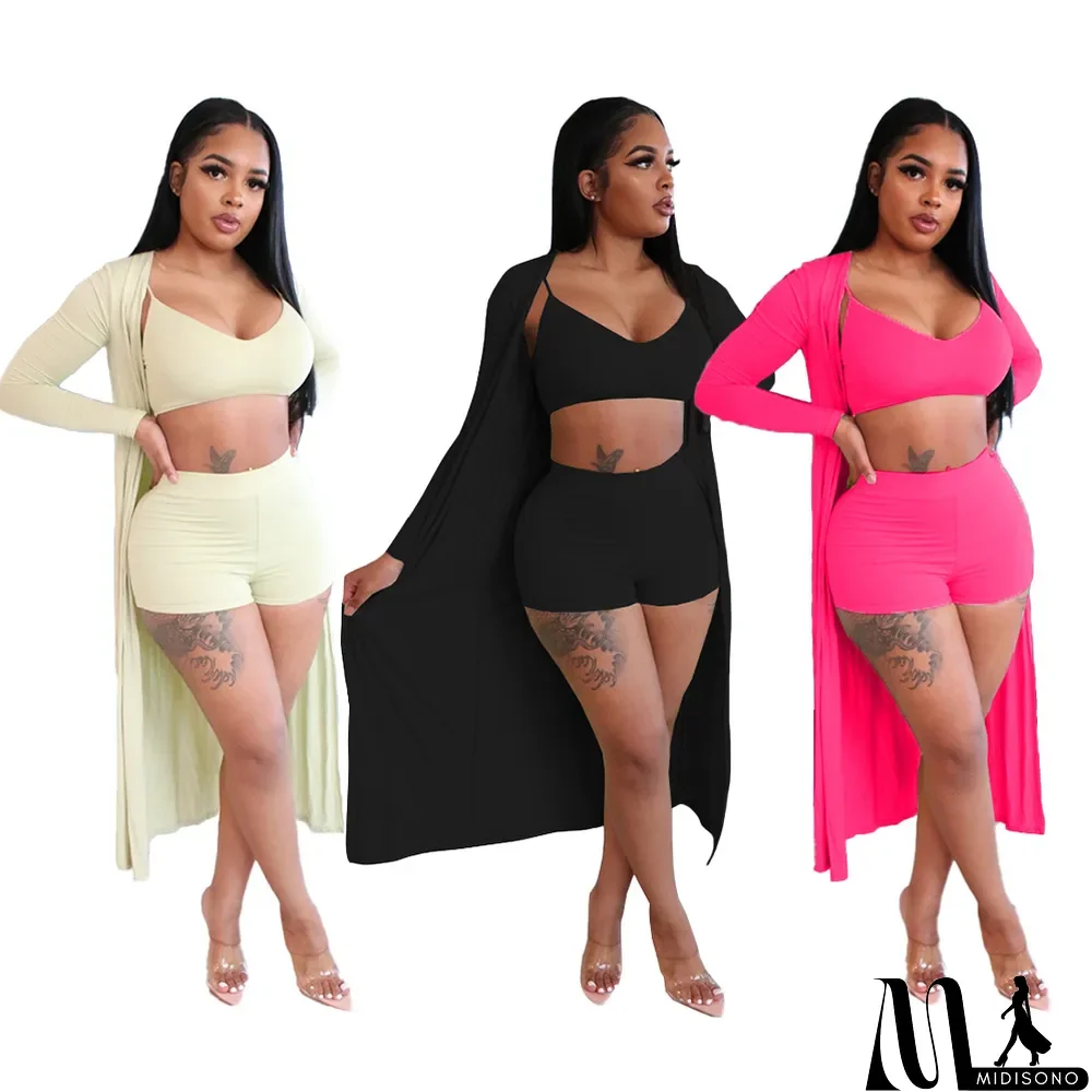 MidiSono - Solid Cami Top+Shorts+Long Cloak 3 Piece Sets