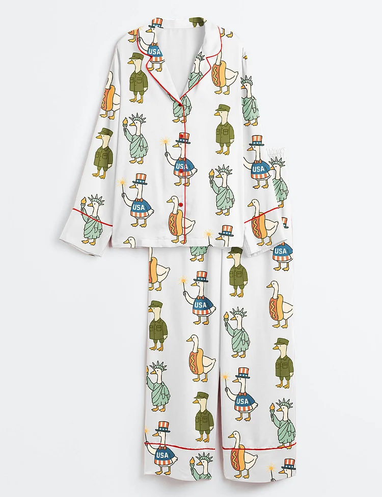 Women&rsquo;s Patriotic Goose 4th Of July Silly Goose USA Independence Day Print Long Sleeve Satin Pajama Set