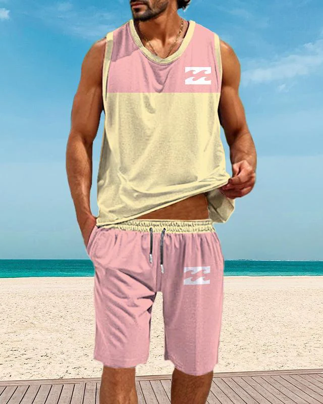 Men's Casual Resort Printed Vest Set 005