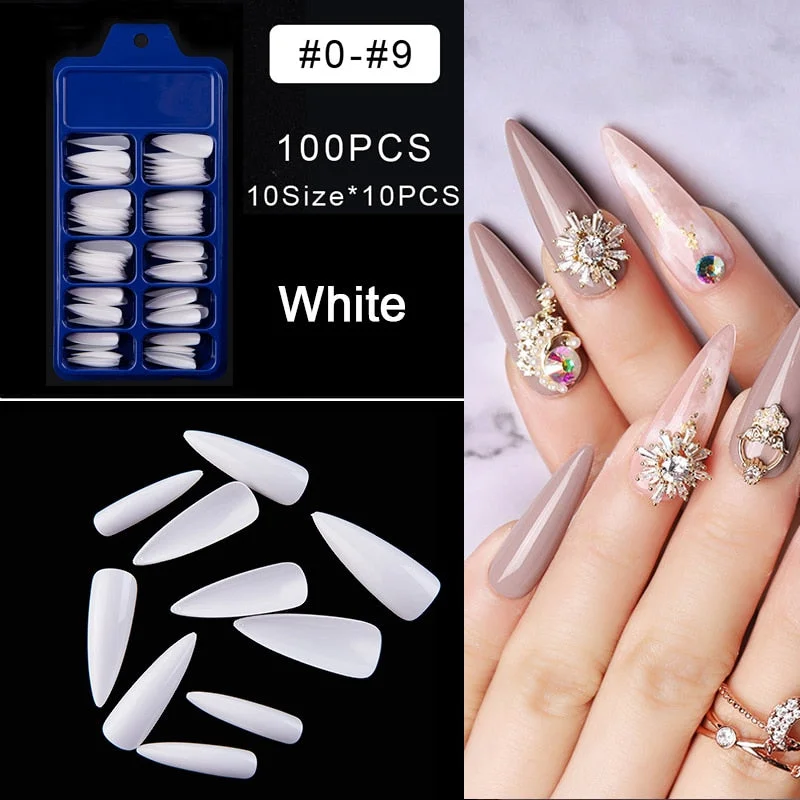100pcs/set 10 Sizes Full Cover False Nail Tips Ballerina Coffin Fake Nails Square Stiletto French Acrylic Press On Nails-Nail Inspo