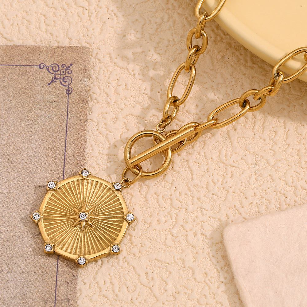 Small Design Pendant Stainless Steel 18K Gold Plated Eight-Pointed Star Diamond Disc Ot Buckle Necklace For Women