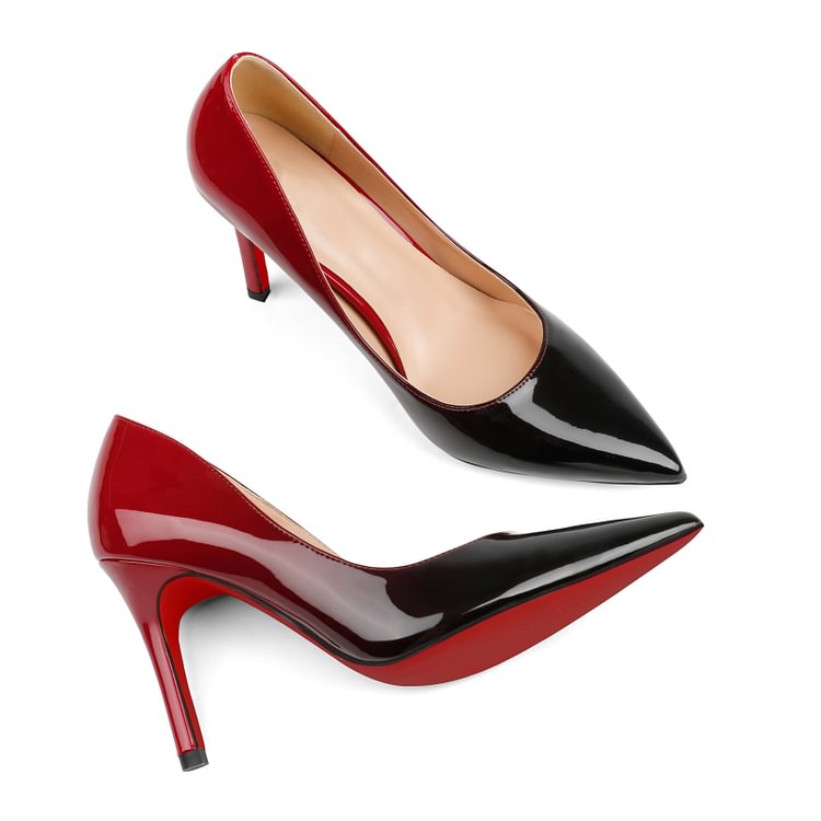 90mm Middle Heels Pointy Toe Red Bottom Pumps Gradient Color Patent